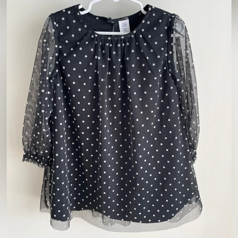 Baby Gap Toddler Girl Flocked Tulle Dress - Black Polka Dot - Size 4 Years - NWT
